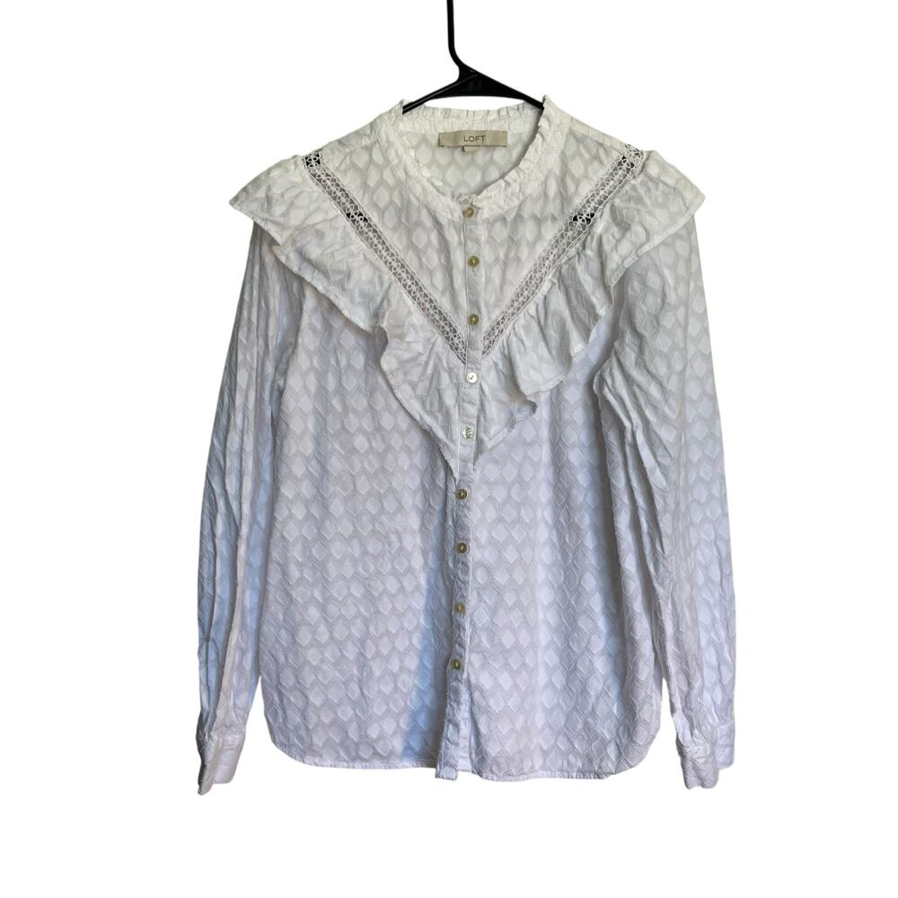 Loft Clip Ruffle Blouse White Peasant Top Button Up Long Sleeve Romantic Size S